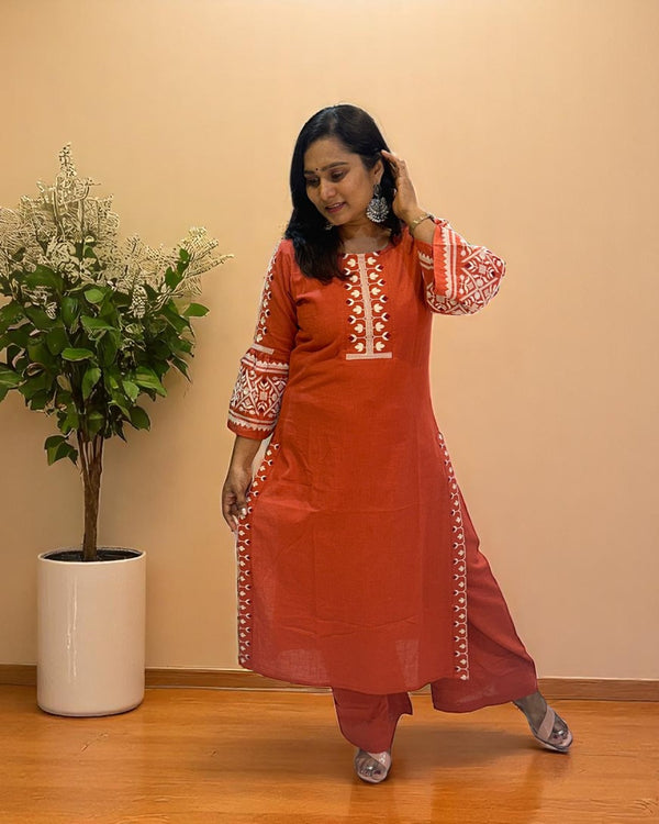 Rust orange Elina Flex cotton Kurta Set