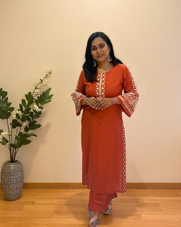 Rust orange Elina Flex cotton Kurta Set