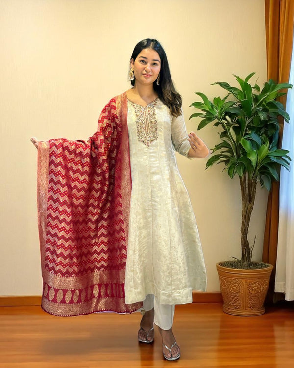 Ivory Janani Tissue silk Anarkali suit set