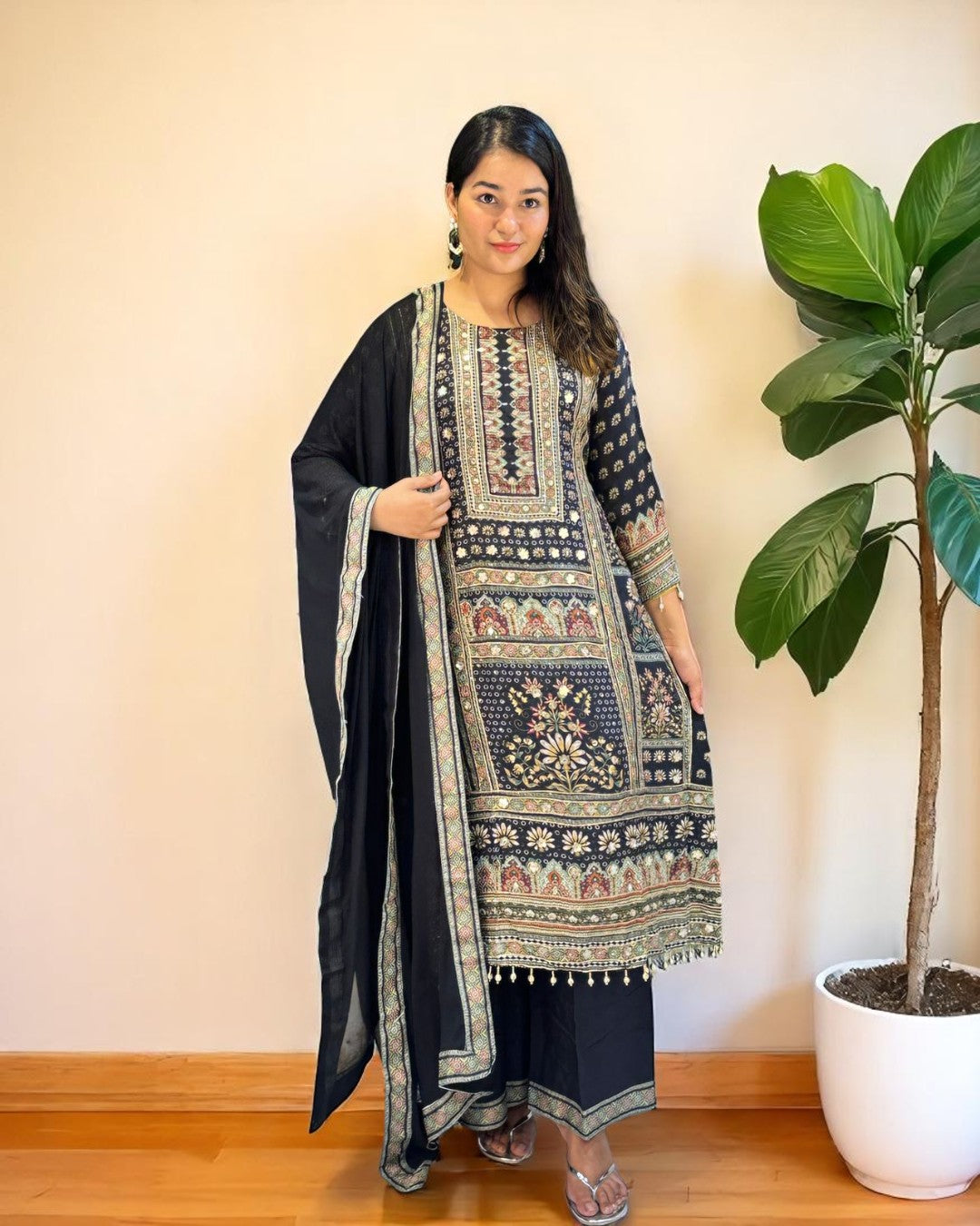 Black Yashita pure crepe Anarkali suit set