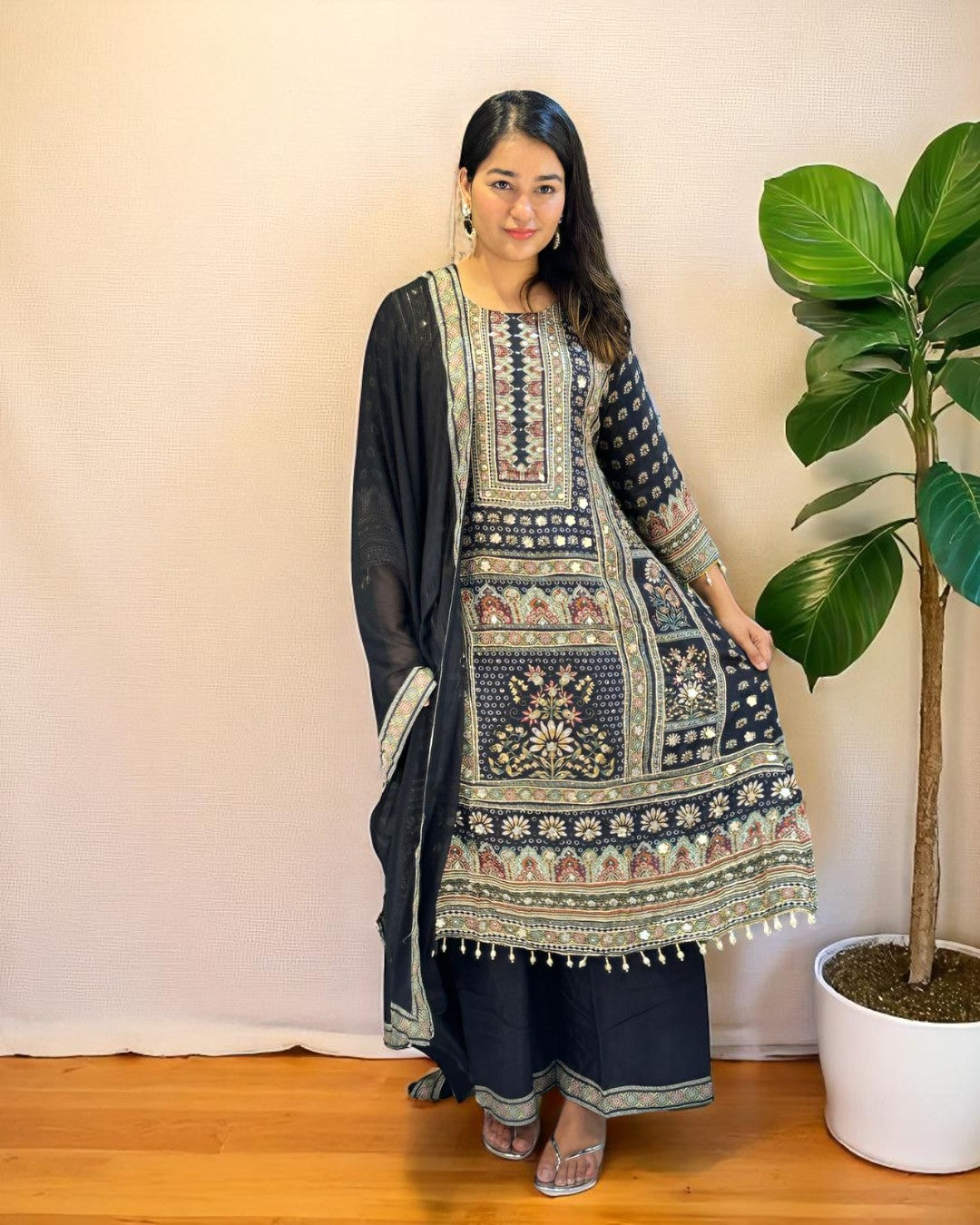 Black Yashita pure crepe Anarkali suit set