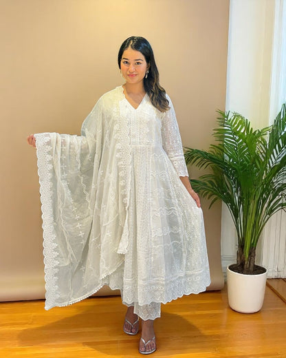 White Veda Schiffli Mul cotton Anarkali suit set