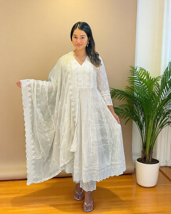 White Veda Schiffli Mul cotton Anarkali suit set