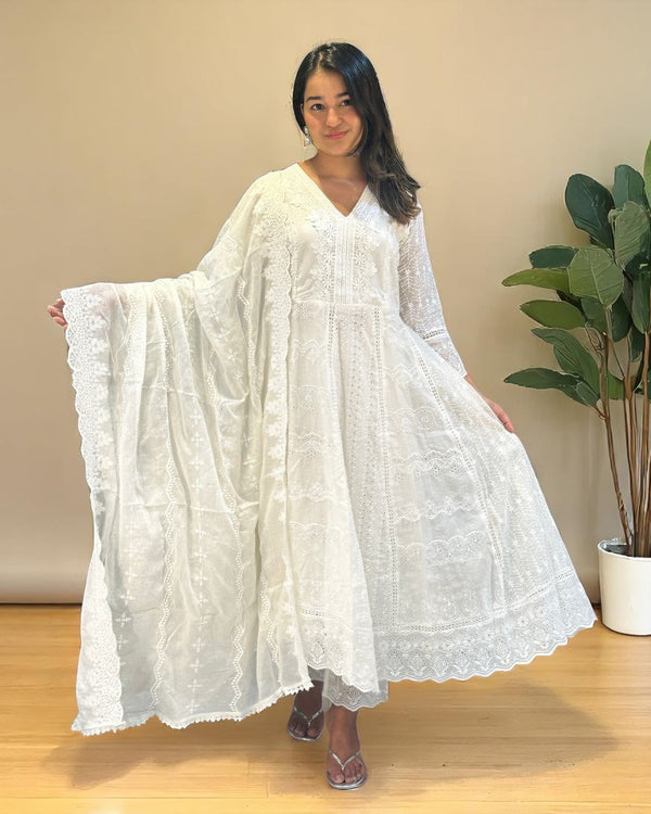 White Veda Schiffli Mul cotton Anarkali suit set