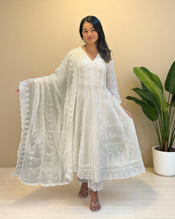 White Veda Schiffli Mul cotton Anarkali suit set