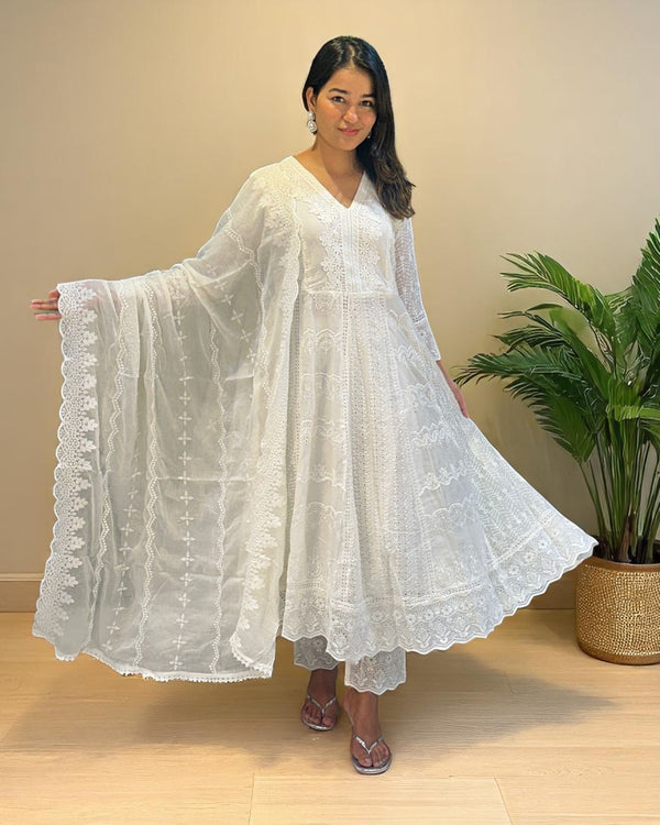 White Veda Schiffli Mul cotton Anarkali suit set