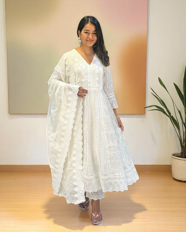 White Veda Schiffli Mul cotton Anarkali suit set