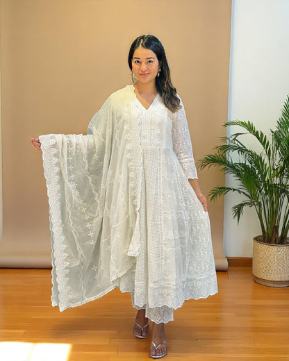 White Veda Schiffli Mul cotton Anarkali suit set