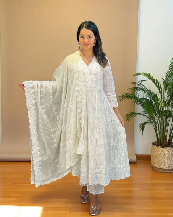 White Veda Schiffli Mul cotton Anarkali suit set