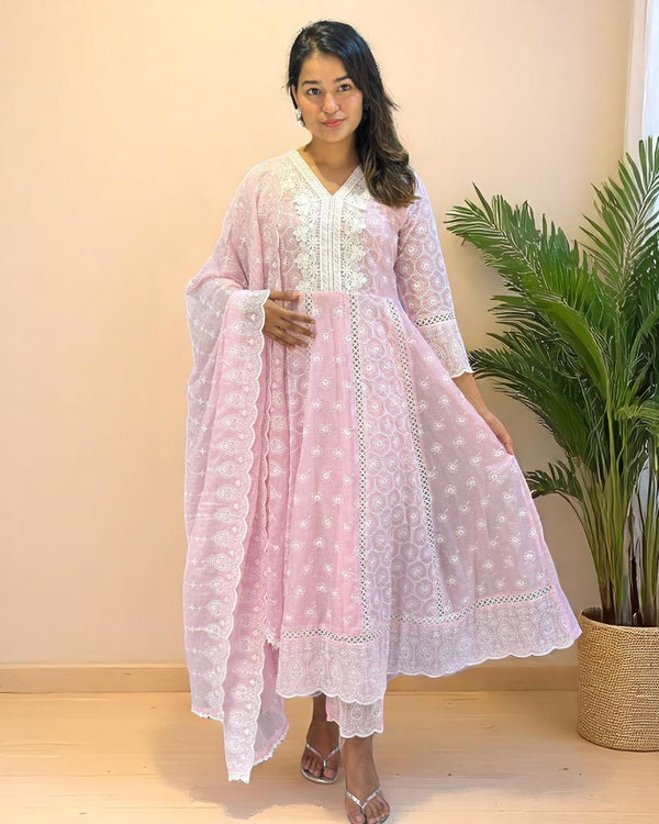 Pink Veda Schiffli Mul cotton Anarkali suit set