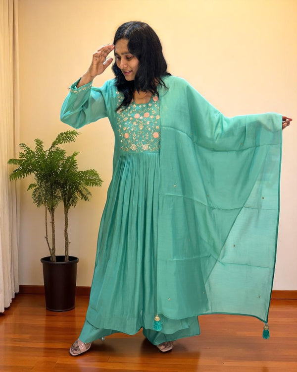 Sea Green Prada Mul Chanderi suit set