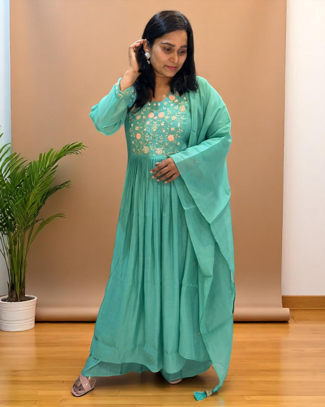 Sea Green Prada Mul Chanderi suit set