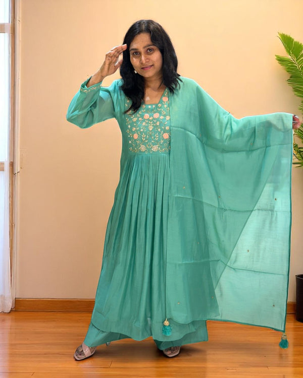 Sea Green Prada Mul Chanderi suit set
