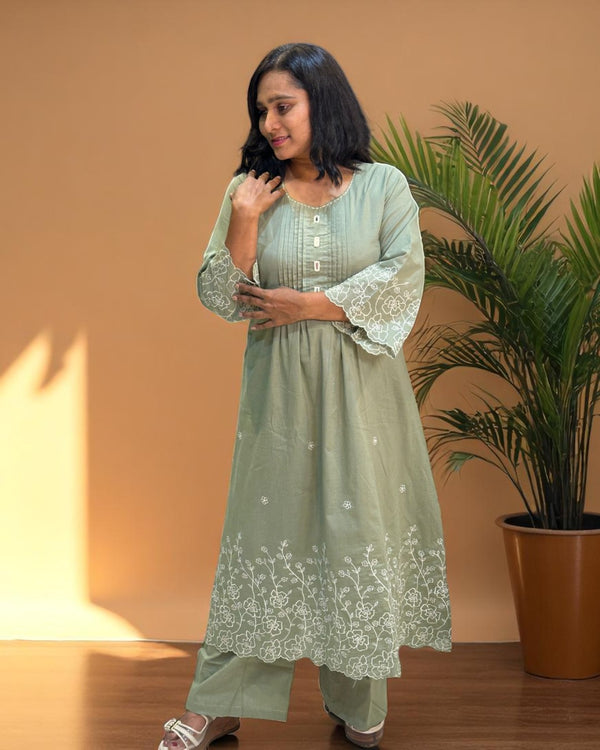 Dusty Green Lina A Line Cotton Kurta set