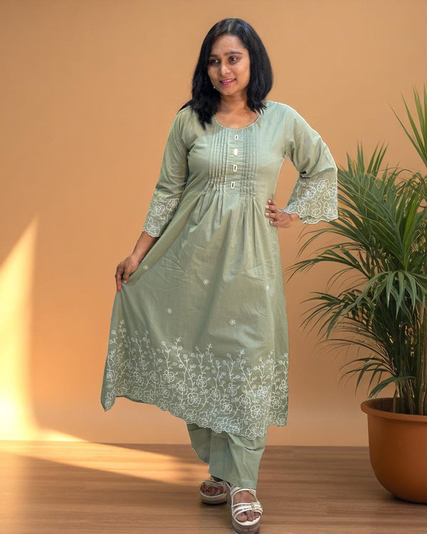 Dusty Green Lina A Line Cotton Kurta set