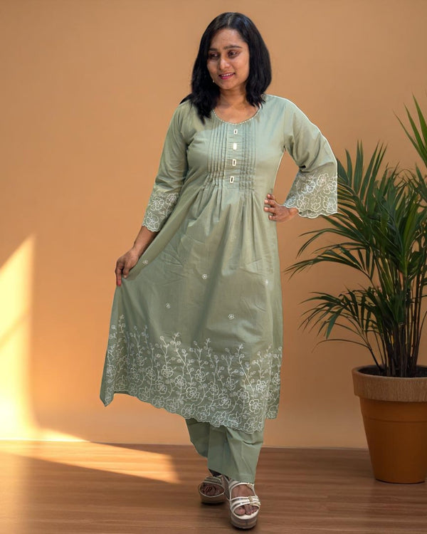 Dusty Green Lina A Line Cotton Kurta set