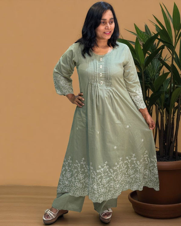 Dusty Green Lina A Line Cotton Kurta set