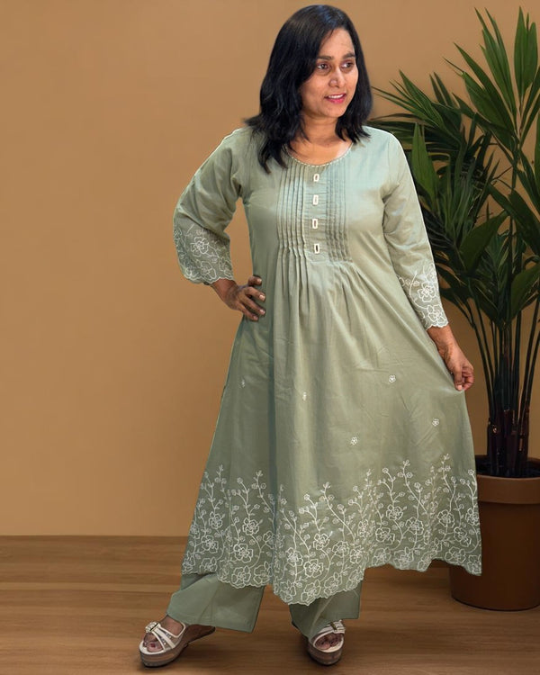 Dusty Green Lina A Line Cotton Kurta set