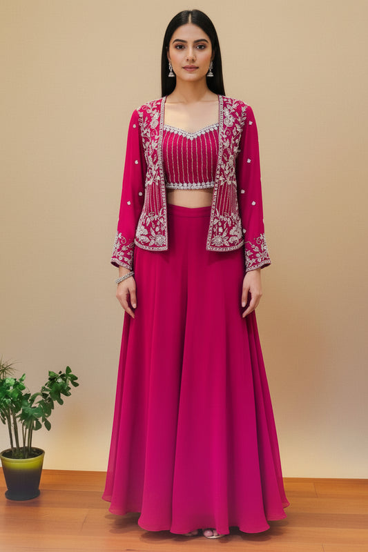Onion pink  Zoya Chinon Silk Handcrafted Crop Top, Jacket  Palazzo Set