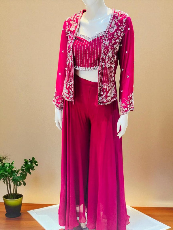Onion pink  Zoya Chinon Silk Handcrafted Crop Top, Jacket  Palazzo Set