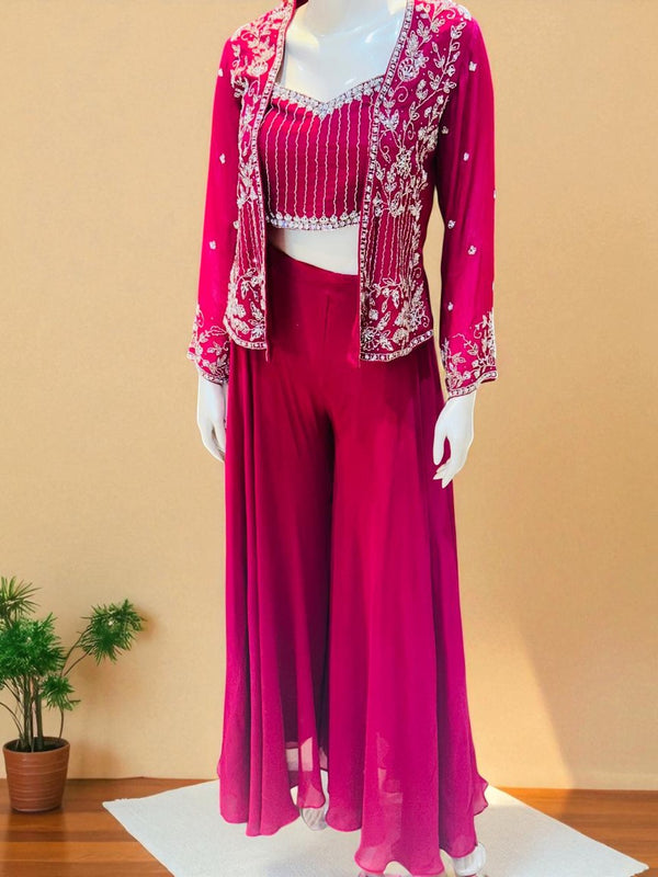 Onion pink  Zoya Chinon Silk Handcrafted Crop Top, Jacket  Palazzo Set