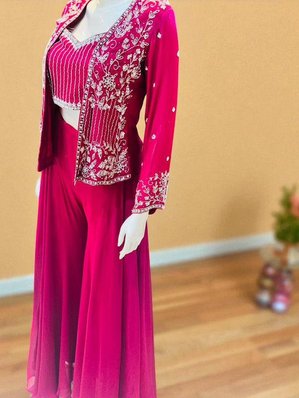 Onion pink  Zoya Chinon Silk Handcrafted Crop Top, Jacket  Palazzo Set