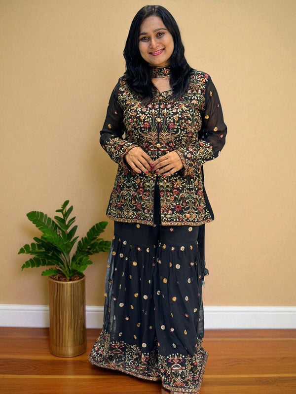 Black Kashmiri Georgette Embroidery sharara Indowestern set