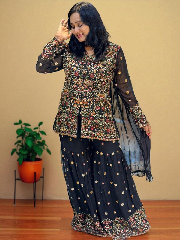 Black Kashmiri Georgette Embroidery sharara Indowestern set