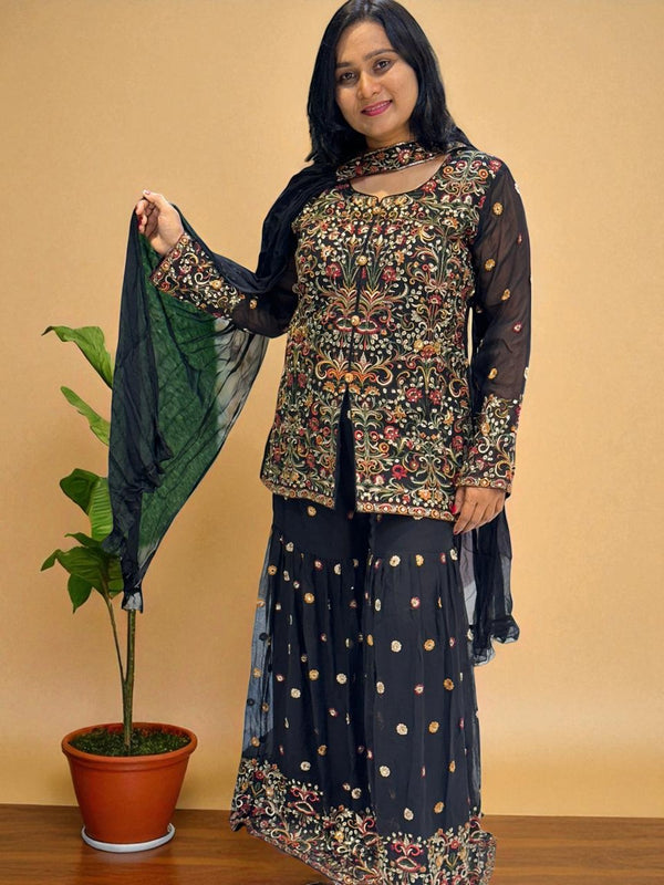 Black Kashmiri Georgette Embroidery sharara Indowestern set