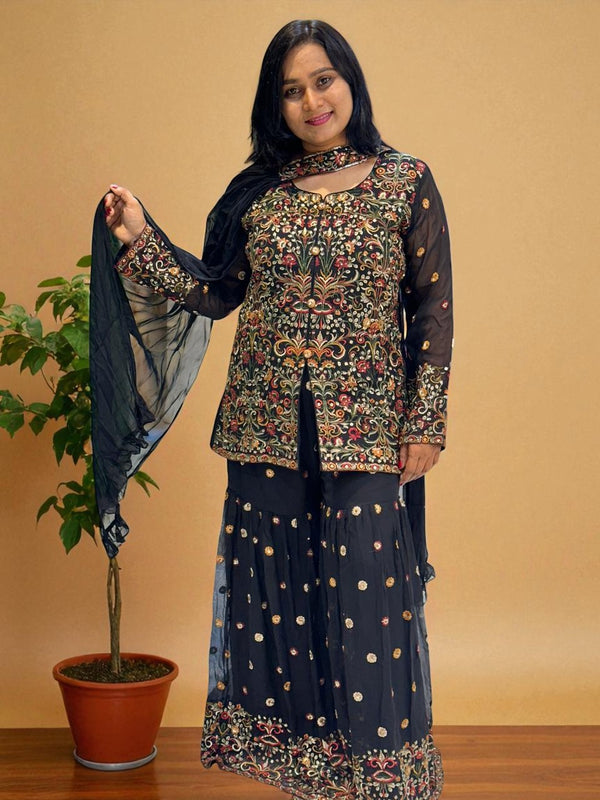 Black Kashmiri Georgette Embroidery sharara Indowestern set