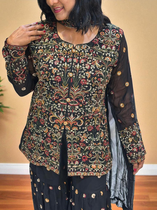 Black Kashmiri Georgette Embroidery sharara Indowestern set