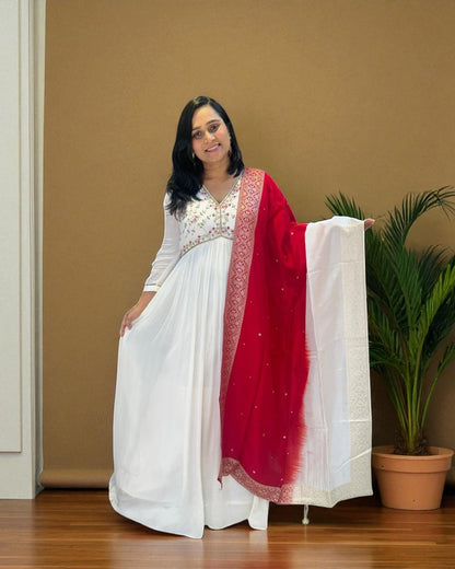 White Aliya chinon silk Handcrafted Empire cut Anarkali gown