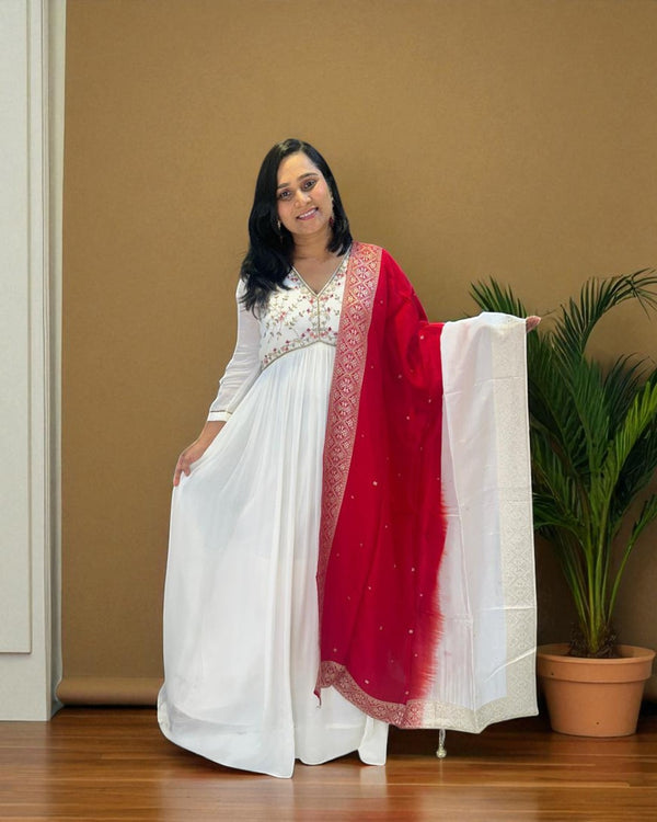 White Aliya chinon silk Handcrafted Empire cut Anarkali gown