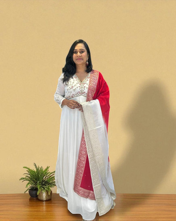 White Aliya chinon silk Handcrafted Empire cut Anarkali gown