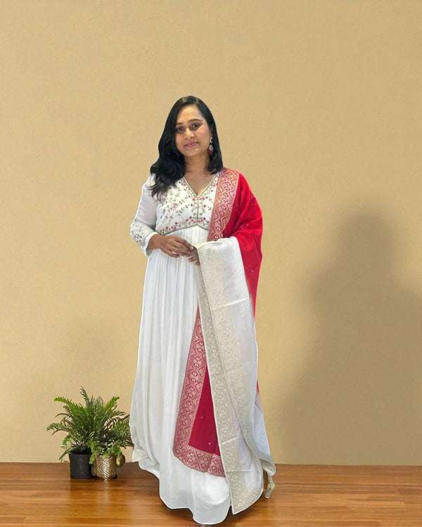 White Aliya chinon silk Handcrafted Empire cut Anarkali gown
