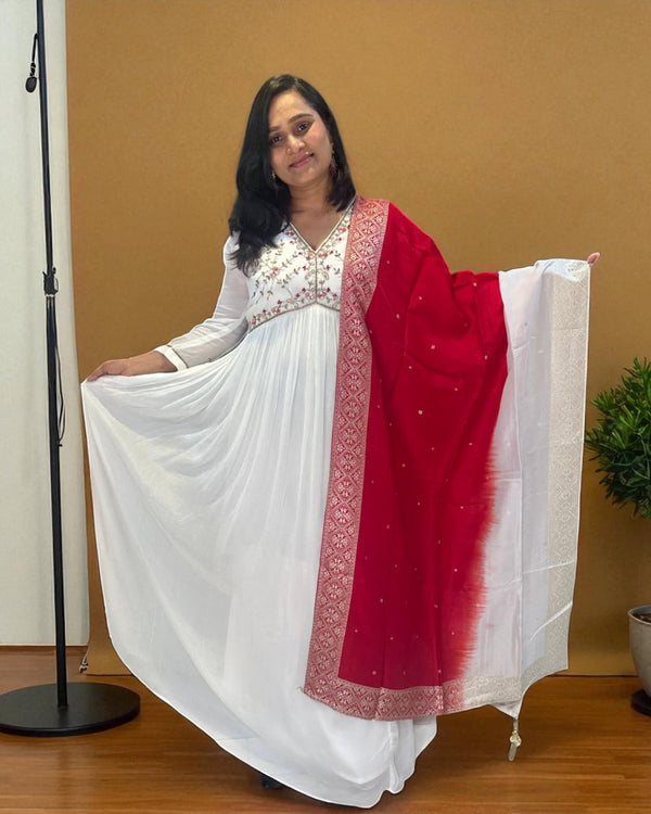 White Aliya chinon silk Handcrafted Empire cut Anarkali gown