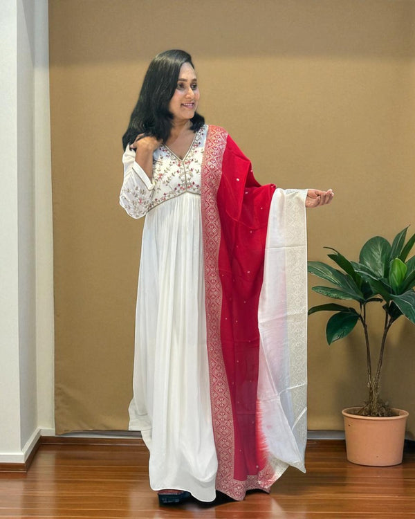 White Aliya chinon silk Handcrafted Empire cut Anarkali gown