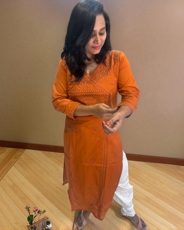 Rust organge Chikankari Cotton Kurta
