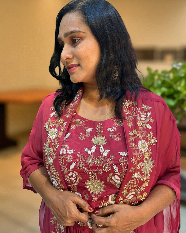 Onion Pink Vyoma Handcrafted  Chinon silk Crop top, skirt, Jacket- Indo western