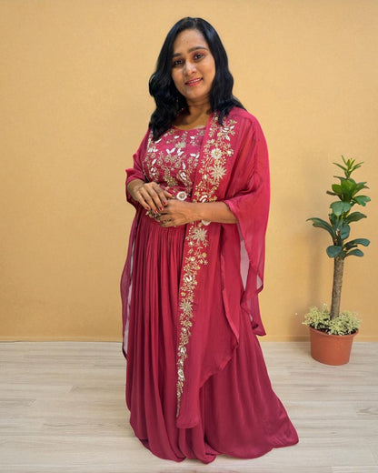 Onion Pink Vyoma Handcrafted  Chinon silk Crop top, skirt, Jacket- Indo western