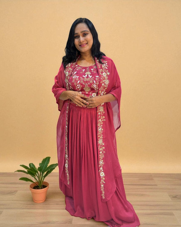Onion Pink Vyoma Handcrafted  Chinon silk Crop top, skirt, Jacket- Indo western