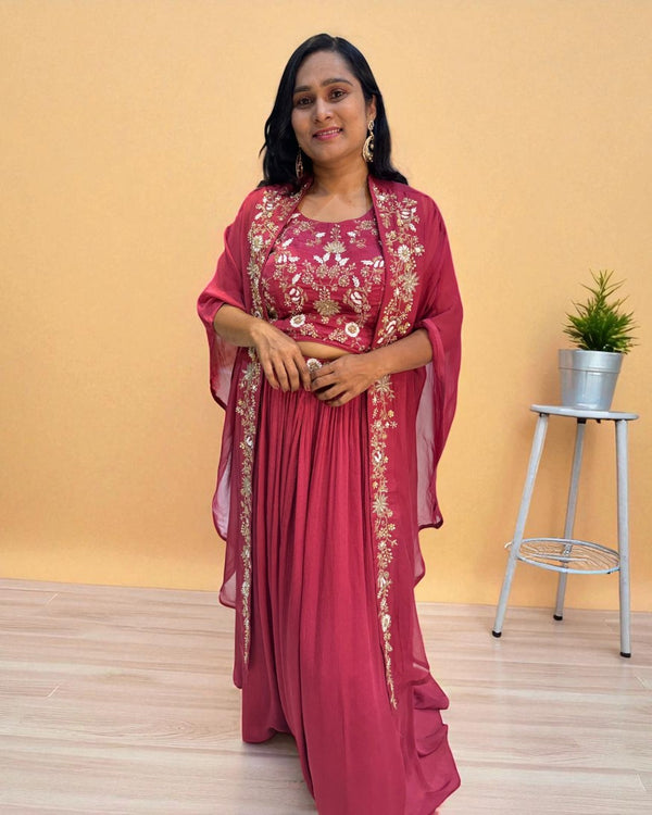 Onion Pink Vyoma Handcrafted  Chinon silk Crop top, skirt, Jacket- Indo western