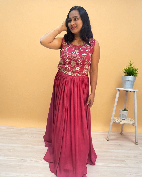 Onion Pink Vyoma Handcrafted  Chinon silk Crop top, skirt, Jacket- Indo western