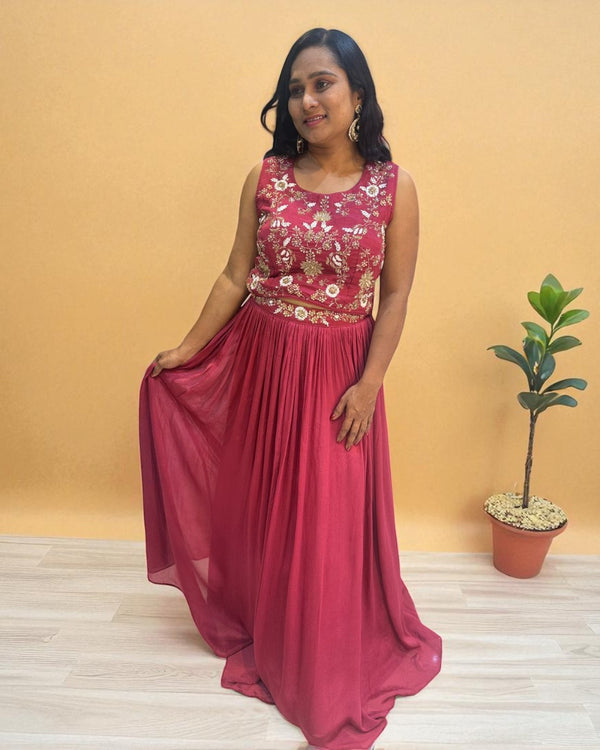 Onion Pink Vyoma Handcrafted  Chinon silk Crop top, skirt, Jacket- Indo western