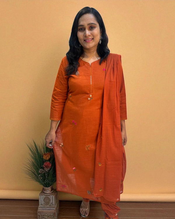 Rust Orange Kesar Slub Cotton Suit set