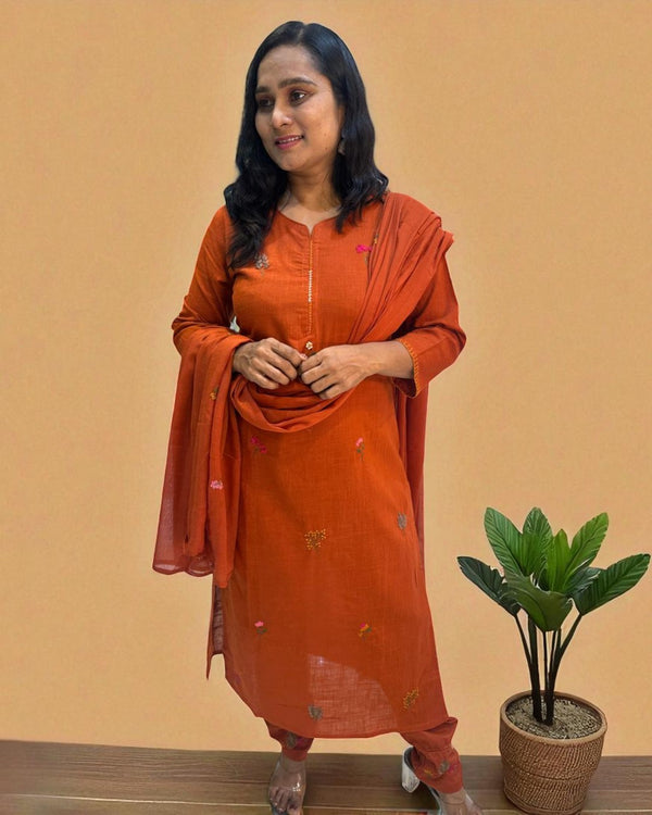 Rust Orange Kesar Slub Cotton Suit set