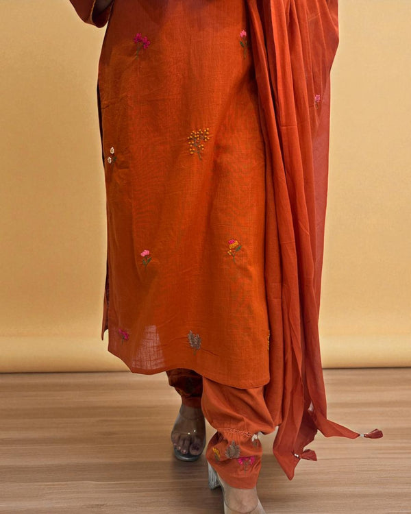 Rust Orange Kesar Slub Cotton Suit set