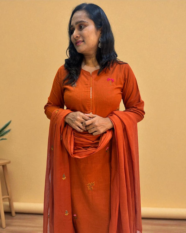 Rust Orange Kesar Slub Cotton Suit set