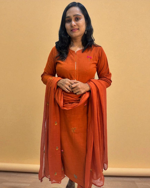 Rust Orange Kesar Slub Cotton Suit set