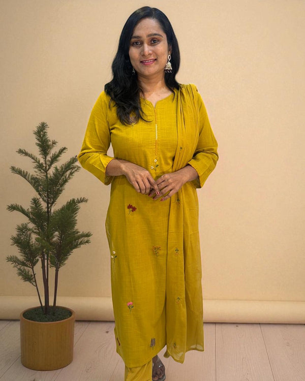Mustard Kesar Slub Cotton Suit set